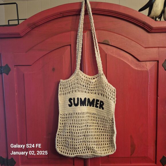 Crocheted Summer Boho Beach Bag Purse Grocery Tote Approx. 14 x 13 Tan Black EUC - Picture 2 of 4